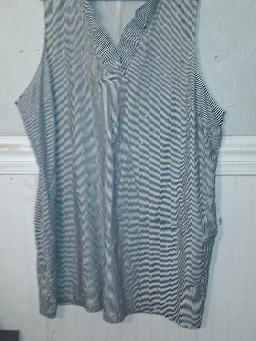 Never Worn Sleeveless Blue Pinstripe Tunic/Dress with Multicolor Dot Print